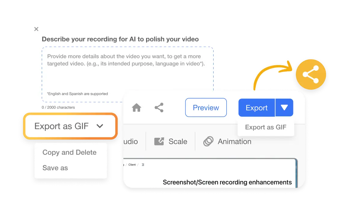 Export options in Visla's Screen Step Recorder, showcasing the ability to share content as a GIF or through various other formats, highlighted with a share icon for easy content distribution.